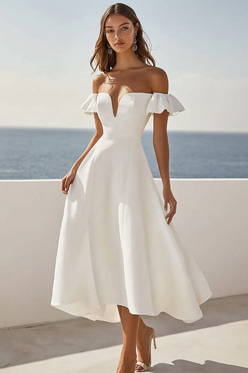 White Off The Shoulder A Line Holiday Party Dress
